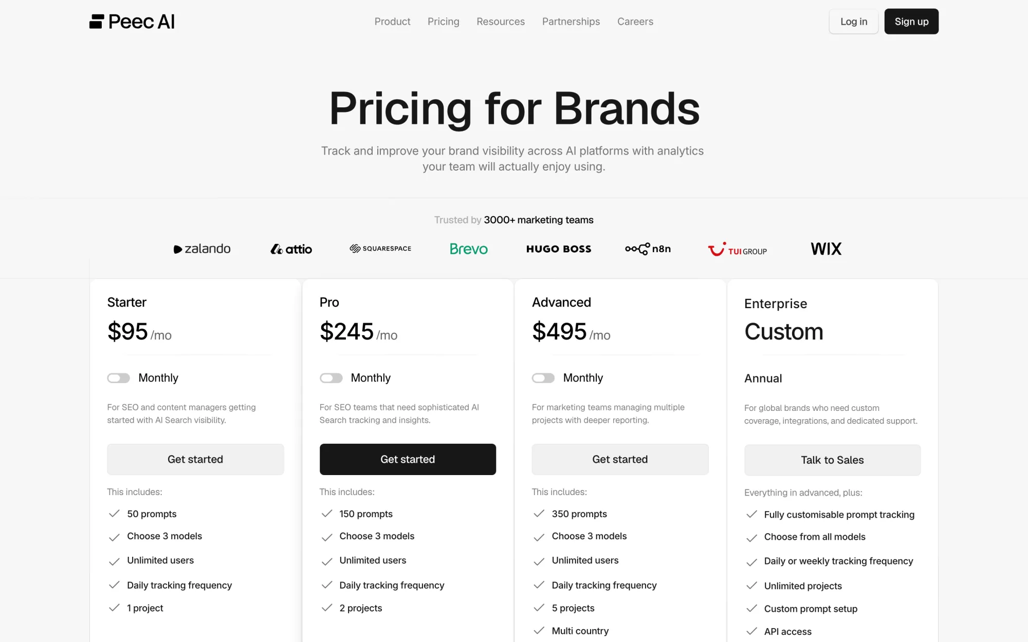 Peec AI's pricing page showing Starter $95, Pro $245 and Advanced $495 tiers, each with Choose 3 models